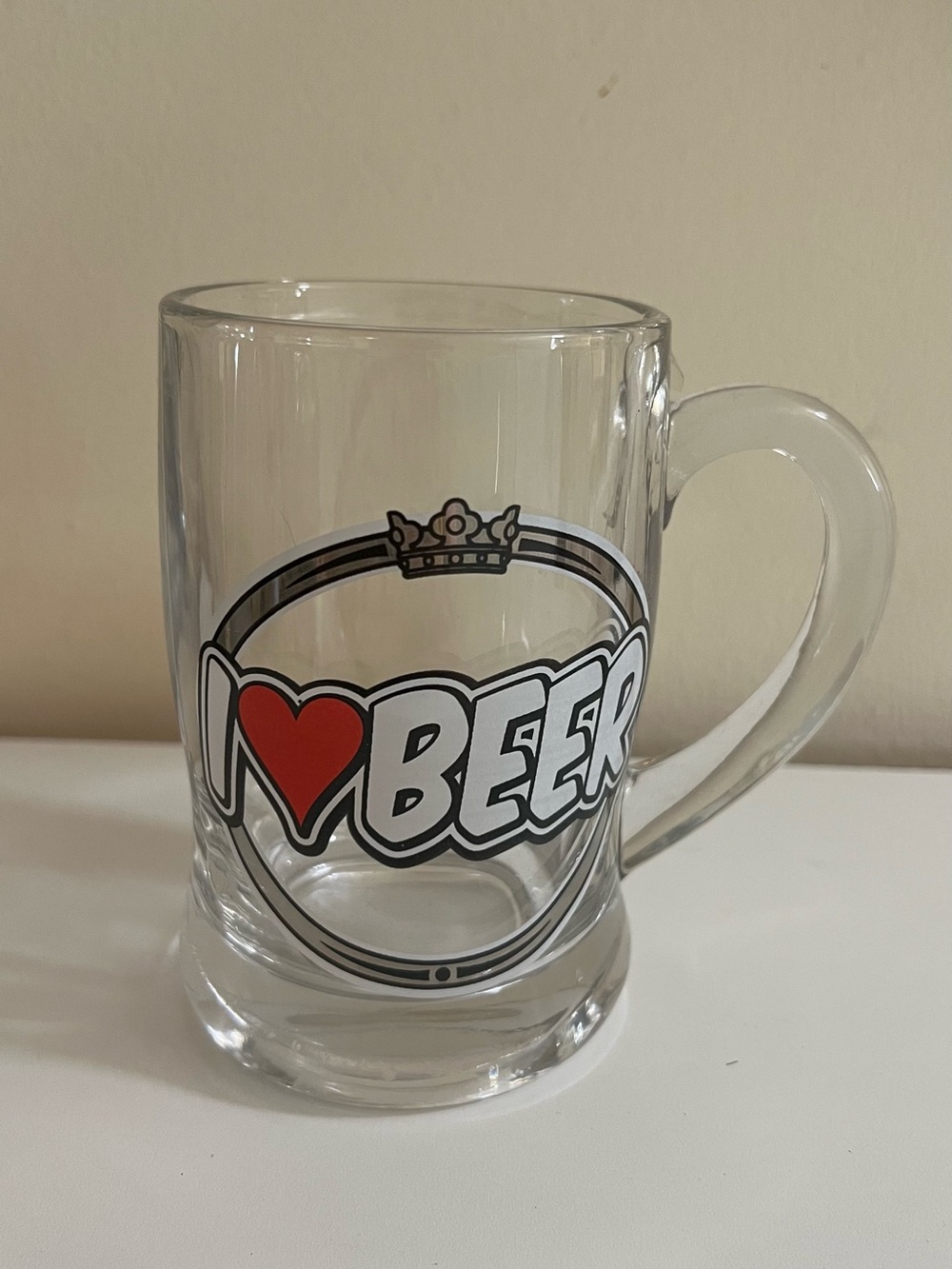 I Love Beer Glass Beer Mug - Clear Glass with Red Heart Graphic